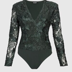 Express Forest Green Lace Bodysuit